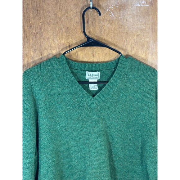 Vintage LL Bean Mens Sweater Large Wool Shetland Green V-Neck Cardigan Pullover - Picture 2 of 9